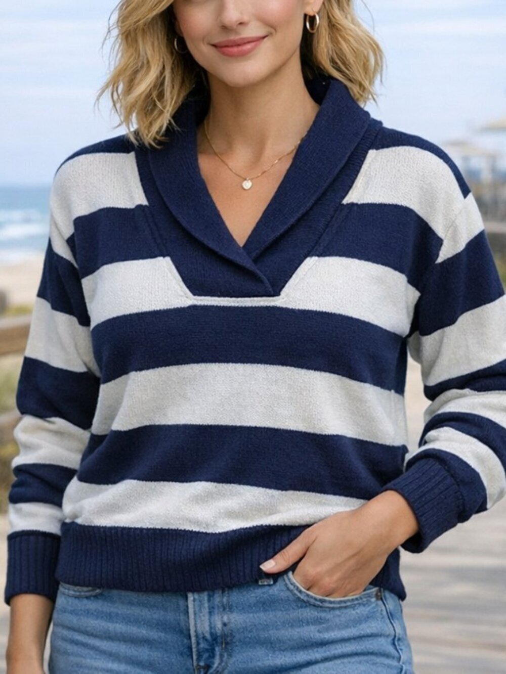 Lucky Brand Women’s Striped Shawl Collar Sweater Blue White Cotton Size S Casual